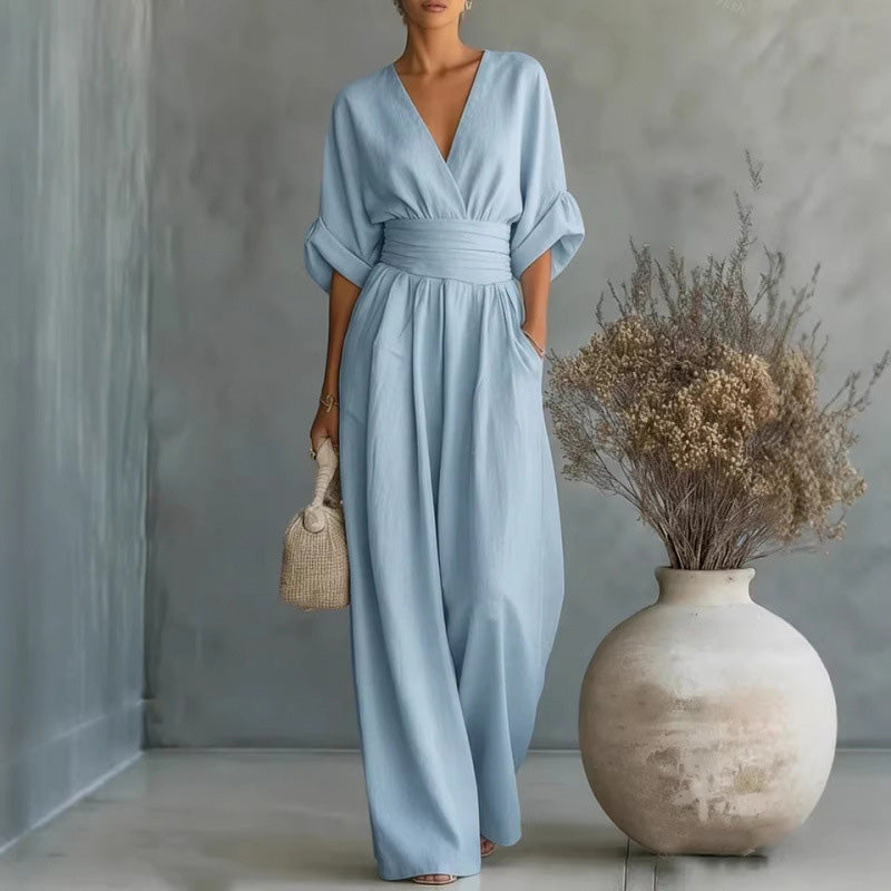 Women's V-Neck High Waist Wide Leg Jumpsuit