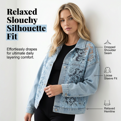 Women's Loose Floral Lace Patchwork Denim Jacket