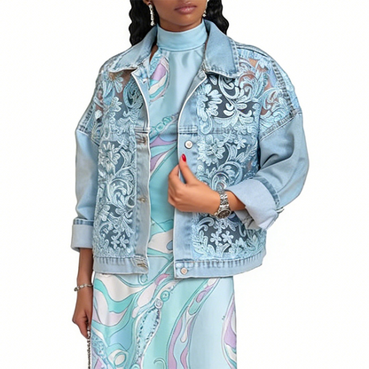 Women's Loose Floral Lace Patchwork Denim Jacket