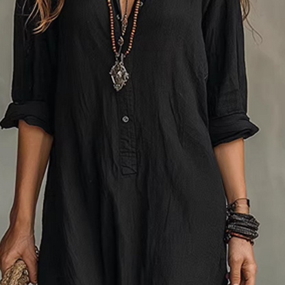 👗 LIMITED-TIME 50% OFF! 💥 Casual Loose Fit Maxi Dress with Front Slit – Collar Detail, Roll-Tab Sleeves, Earthy Tones ✨