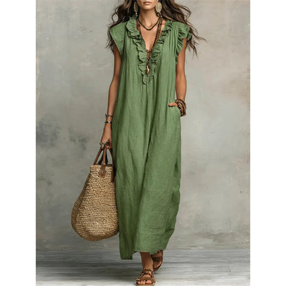 Women's Casual Sleeveless V-Neck Ruffle Dress