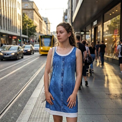 Women's Faux Two-Piece Denim Print Dress