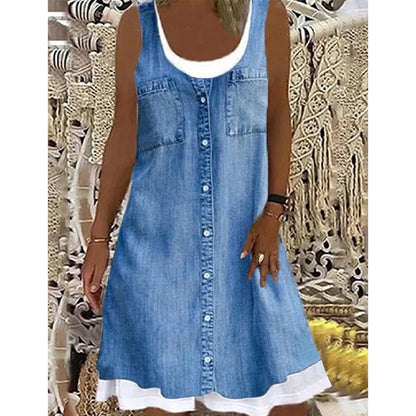 Women's Faux Two-Piece Denim Print Dress