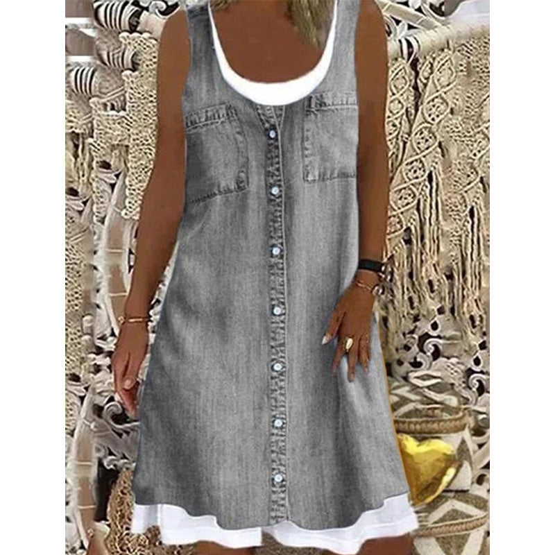 Women's Faux Two-Piece Denim Print Dress