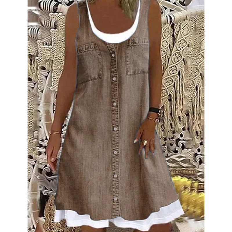 Women's Faux Two-Piece Denim Print Dress