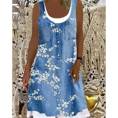 Women's Faux Two-Piece Denim Print Dress