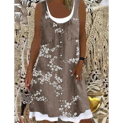 Women's Faux Two-Piece Denim Print Dress