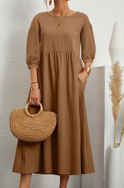 Women's Lantern Sleeve Cotton And Linen Summer Dress