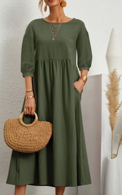 Women's Lantern Sleeve Cotton And Linen Summer Dress