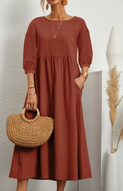 Women's Lantern Sleeve Cotton And Linen Summer Dress
