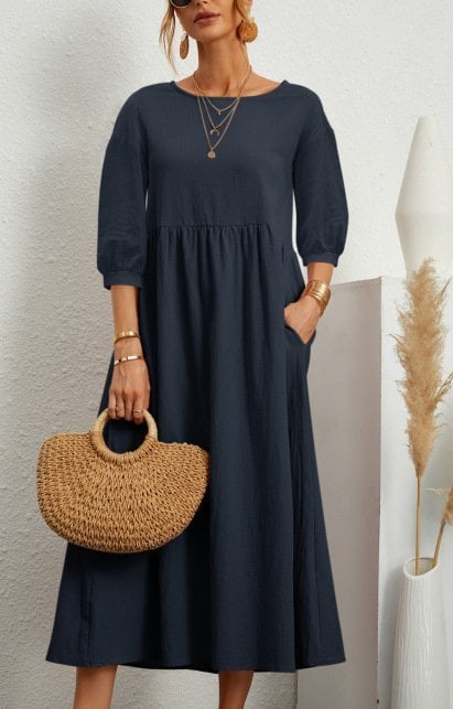 Women's Lantern Sleeve Cotton And Linen Summer Dress
