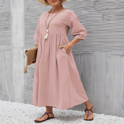 Women's Lantern Sleeve Cotton And Linen Summer Dress