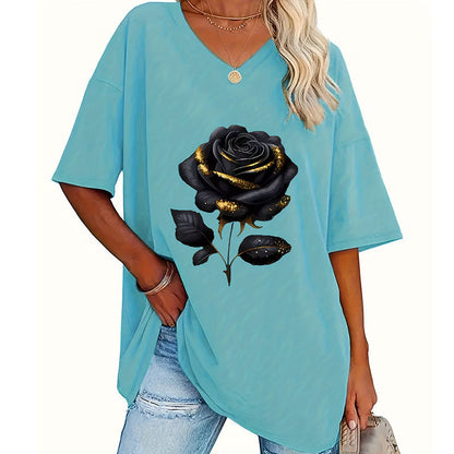 Women's Plus-Size Rose Print V-Neck T-Shirt