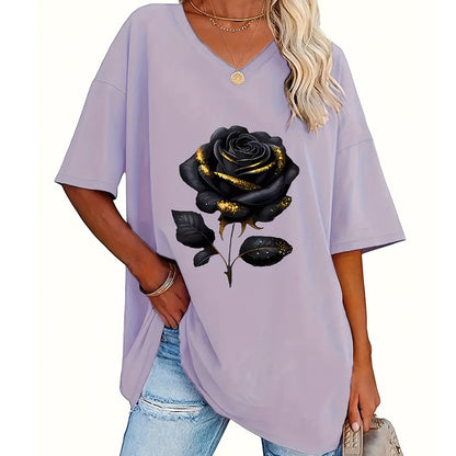 Women's Plus-Size Rose Print V-Neck T-Shirt