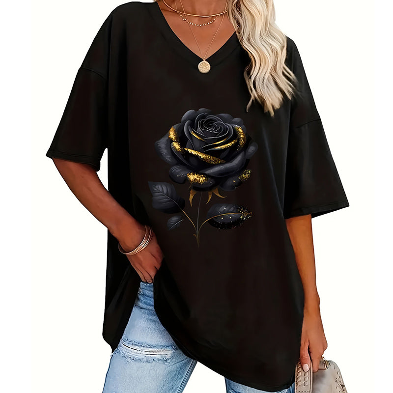 Women's Plus-Size Rose Print V-Neck T-Shirt