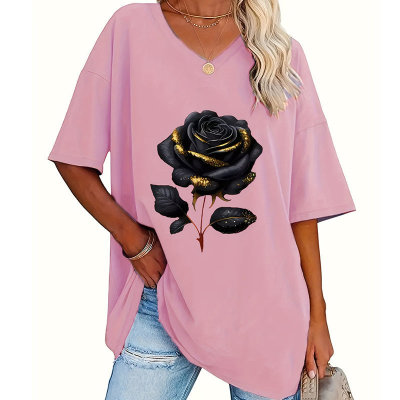 Women's Plus-Size Rose Print V-Neck T-Shirt