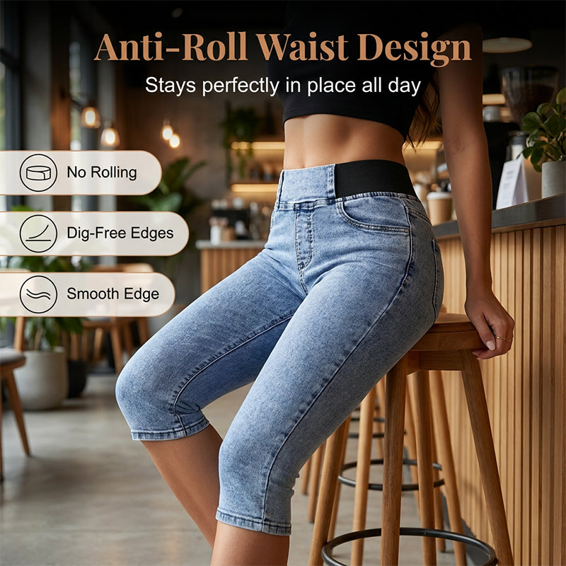 Women’s High Waisted Denim Capri Pants Elastic Waist Cropped Jeans
