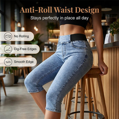 Women’s High Waisted Denim Capri Pants Elastic Waist Cropped Jeans