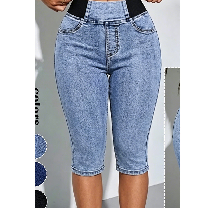 Women’s High Waisted Denim Capri Pants Elastic Waist Cropped Jeans