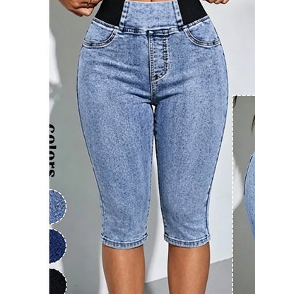 Women’s High Waisted Denim Capri Pants Elastic Waist Cropped Jeans