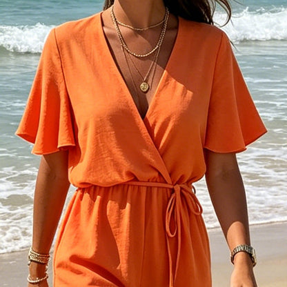 Women's Casual V-Neck Drawstring Short Jumpsuit