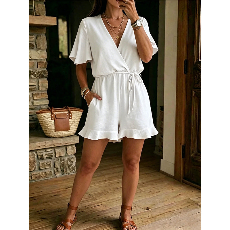 Women's Casual V-Neck Drawstring Short Jumpsuit