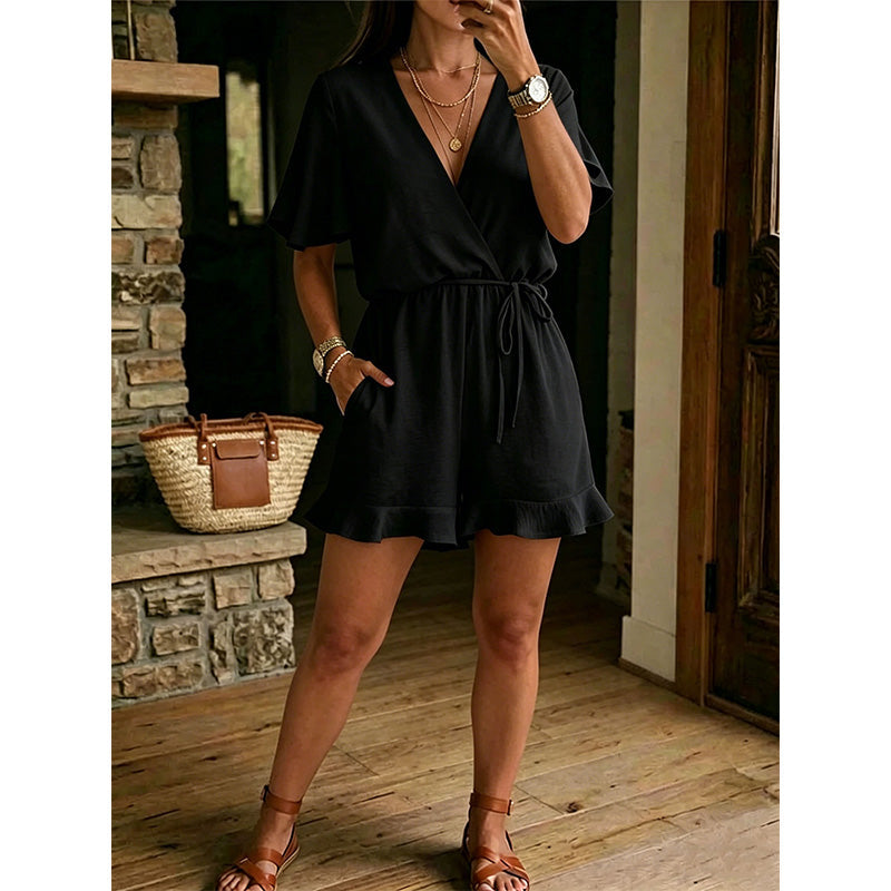 Women's Casual V-Neck Drawstring Short Jumpsuit