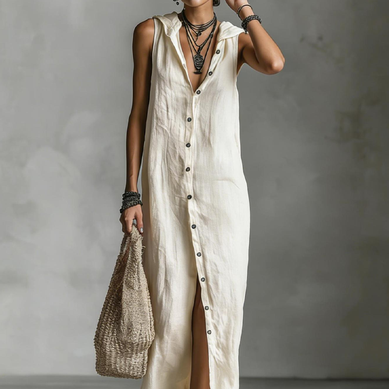 Sleeveless Hooded Button-Down Maxi Dress