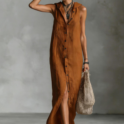 Sleeveless Hooded Button-Down Maxi Dress