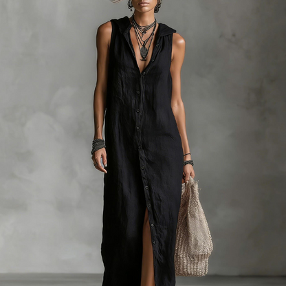 Sleeveless Hooded Button-Down Maxi Dress