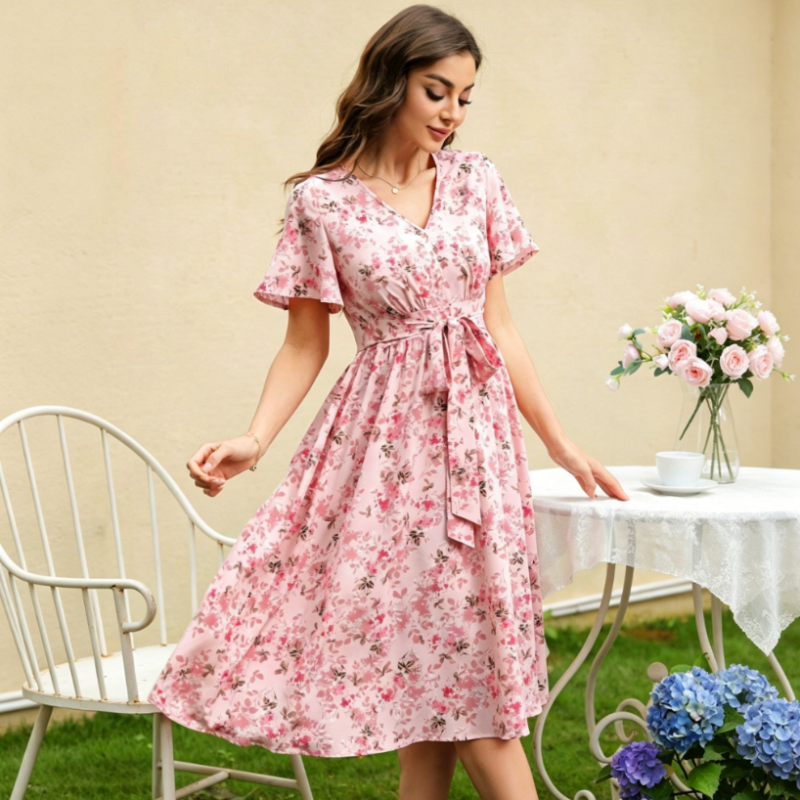 👗🌸 V-neck floral maxi dress with ruffle sleeves and belt