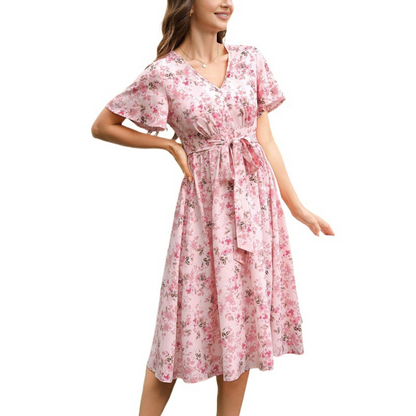 👗🌸 V-neck floral maxi dress with ruffle sleeves and belt