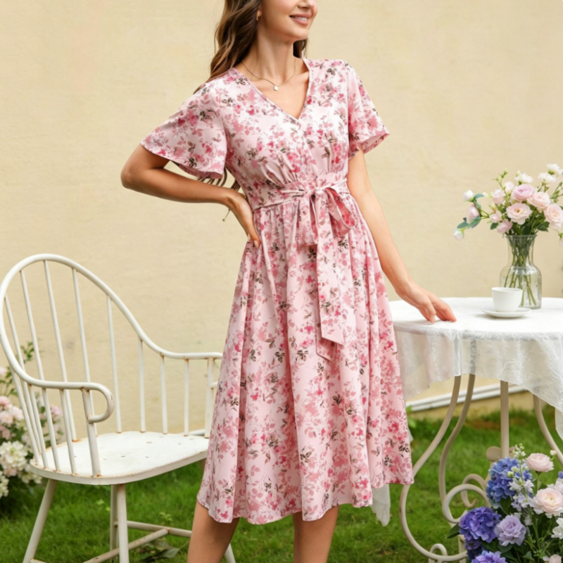 👗🌸 V-neck floral maxi dress with ruffle sleeves and belt