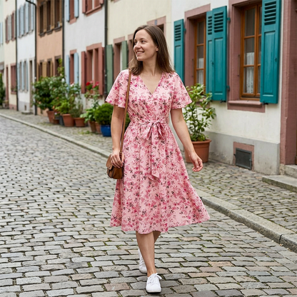 👗🌸 V-neck floral maxi dress with ruffle sleeves and belt