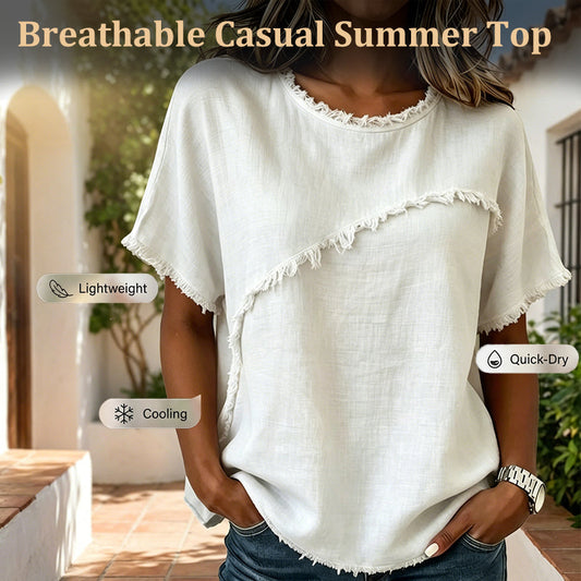 👚 LIMITED-TIME 50% OFF! 💥 Women's Summer Top with Raw Edge Paneling – Round Neck, Relaxed Fit, Edgy ✨