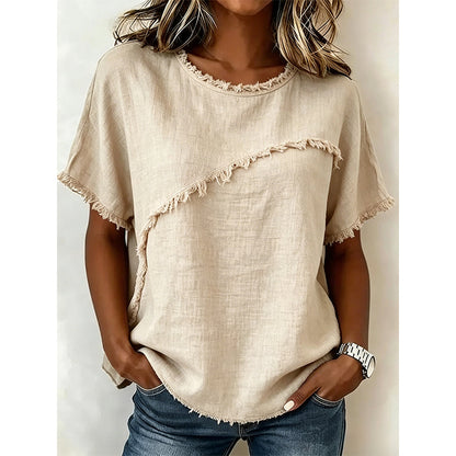 👚 LIMITED-TIME 50% OFF! 💥 Women's Summer Top with Raw Edge Paneling – Round Neck, Relaxed Fit, Edgy ✨