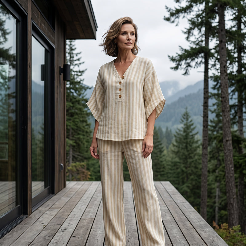 ⌛Limited-time offer-Women's Striped V-Neck Top & Wide-Leg Pants Set
