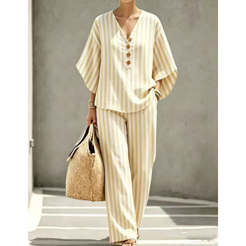 ⌛Limited-time offer-Women's Striped V-Neck Top & Wide-Leg Pants Set