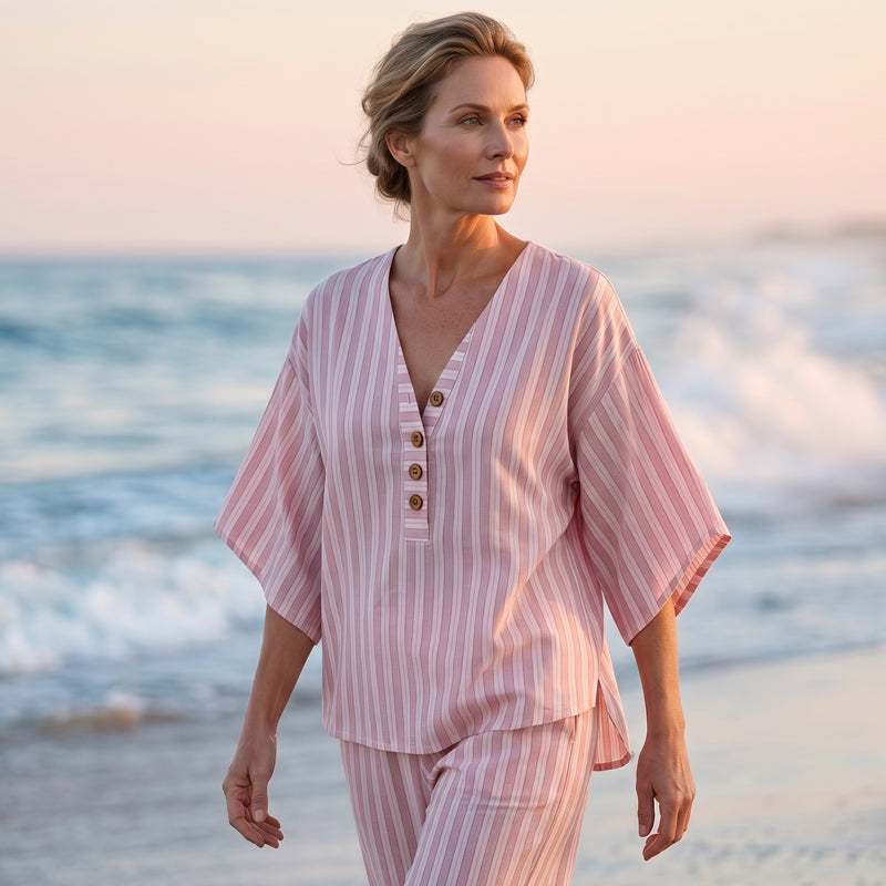 ⌛Limited-time offer-Women's Striped V-Neck Top & Wide-Leg Pants Set