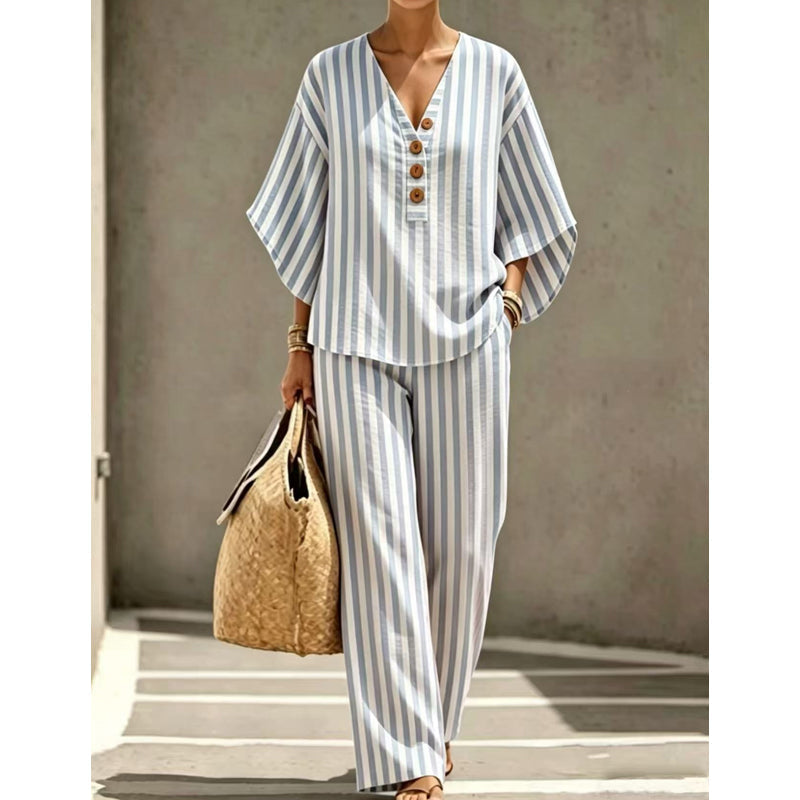 ⌛Limited-time offer-Women's Striped V-Neck Top & Wide-Leg Pants Set