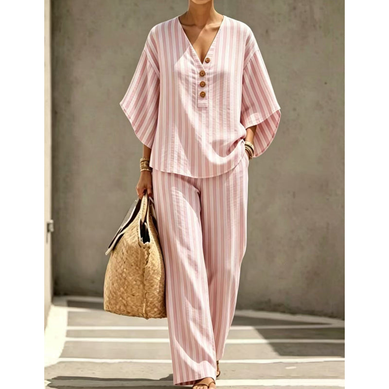 ⌛Limited-time offer-Women's Striped V-Neck Top & Wide-Leg Pants Set