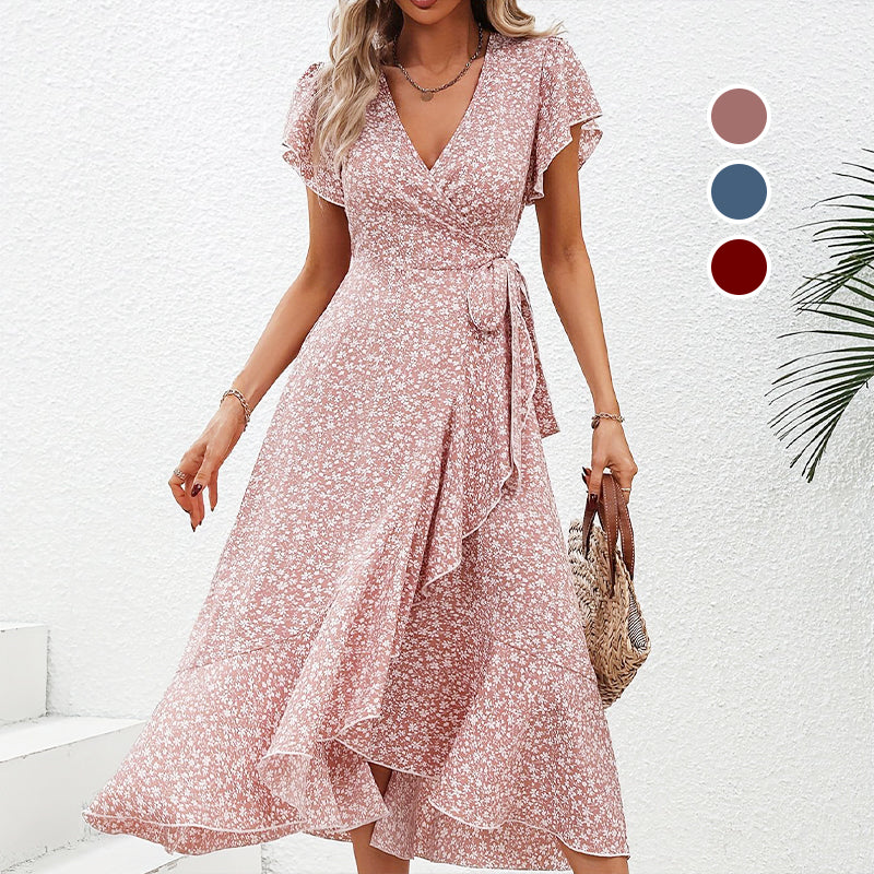 📢📢50% OFF !! ⏰Women’s Summer Elegant V Neck Tie Waist Flowy Floral Dress