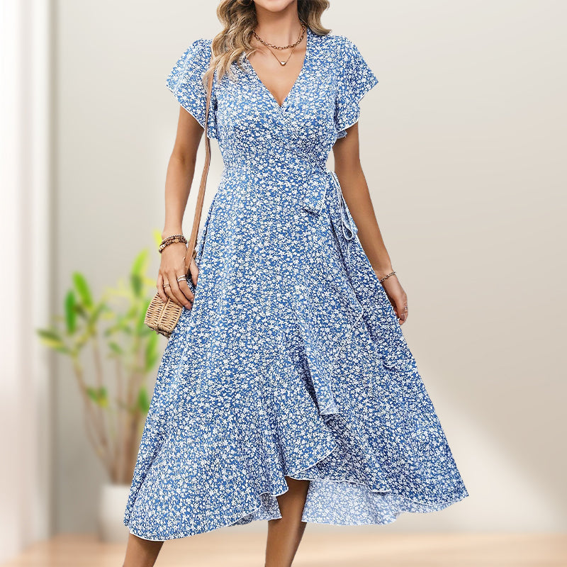 📢📢50% OFF !! ⏰Women’s Summer Elegant V Neck Tie Waist Flowy Floral Dress