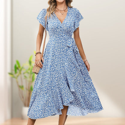 📢📢50% OFF !! ⏰Women’s Summer Elegant V Neck Tie Waist Flowy Floral Dress