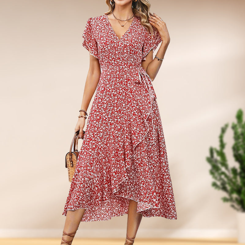 📢📢50% OFF !! ⏰Women’s Summer Elegant V Neck Tie Waist Flowy Floral Dress