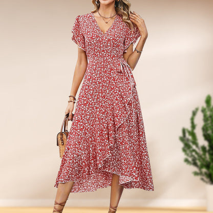 📢📢50% OFF !! ⏰Women’s Summer Elegant V Neck Tie Waist Flowy Floral Dress