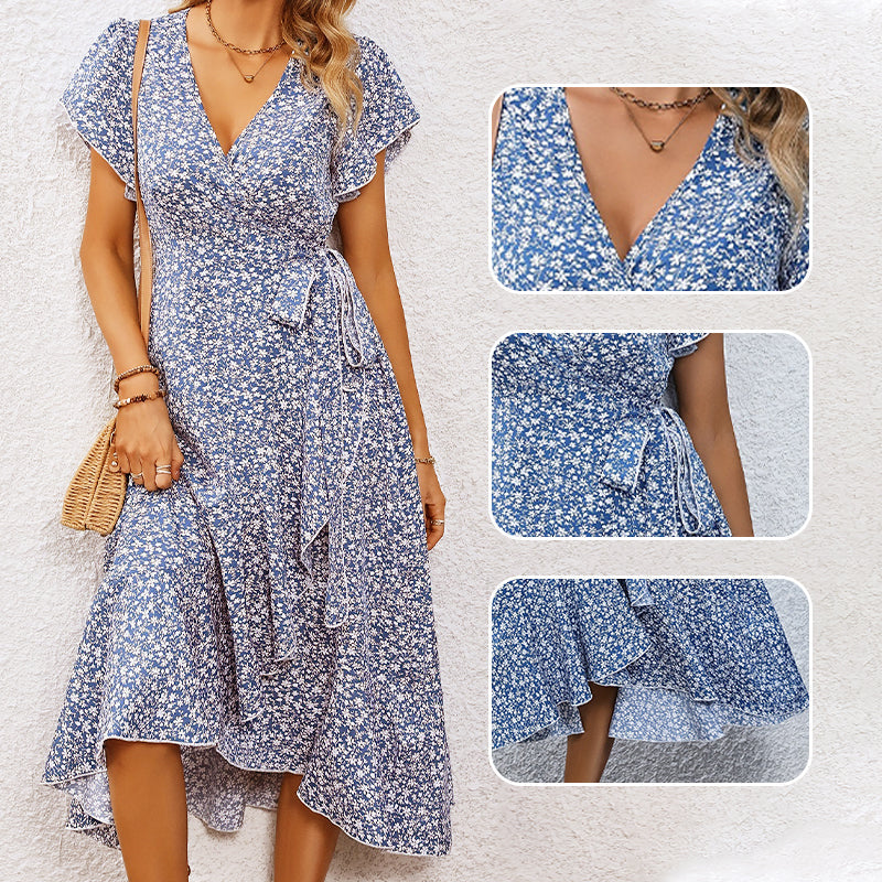 📢📢50% OFF !! ⏰Women’s Summer Elegant V Neck Tie Waist Flowy Floral Dress