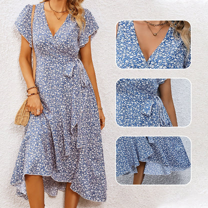 📢📢50% OFF !! ⏰Women’s Summer Elegant V Neck Tie Waist Flowy Floral Dress