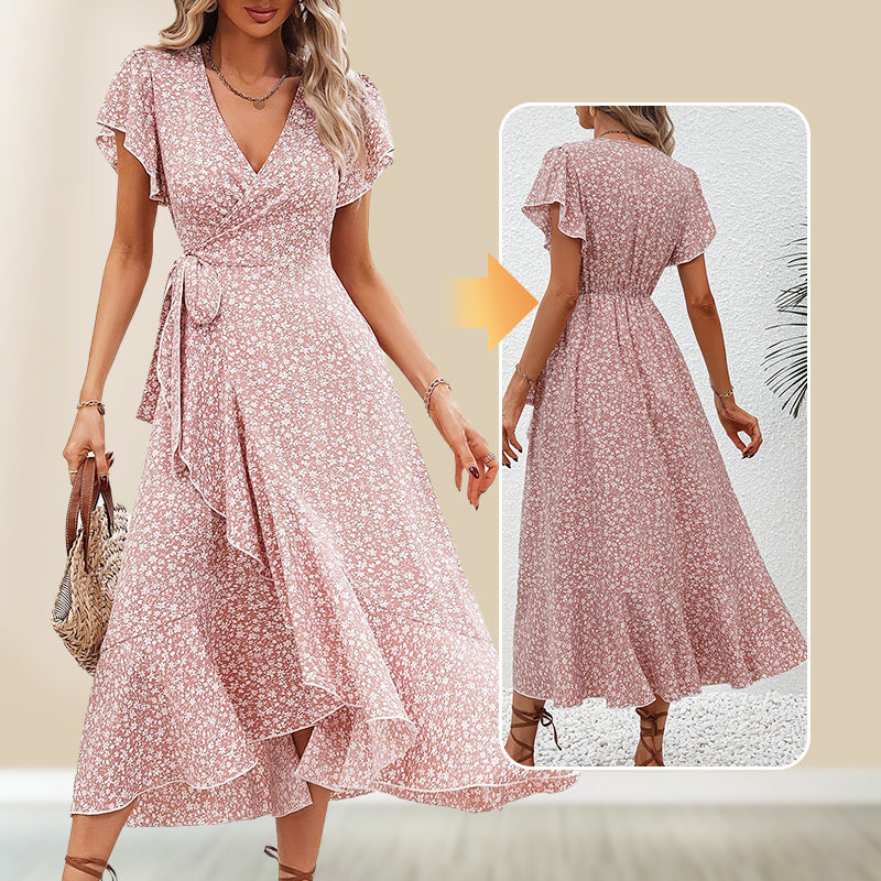 📢📢50% OFF !! ⏰Women’s Summer Elegant V Neck Tie Waist Flowy Floral Dress