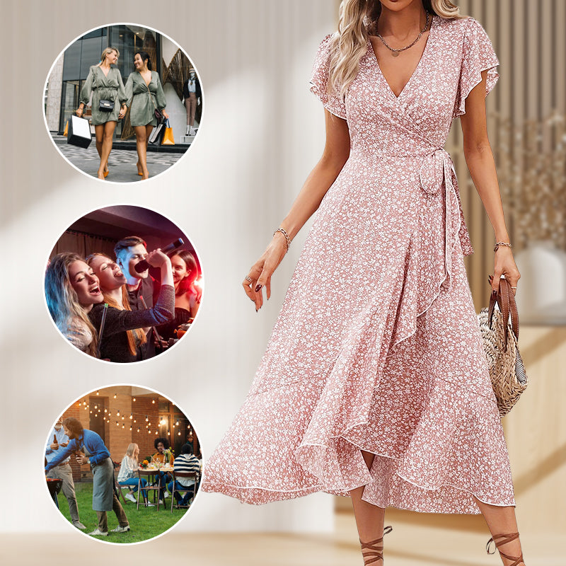 📢📢50% OFF !! ⏰Women’s Summer Elegant V Neck Tie Waist Flowy Floral Dress